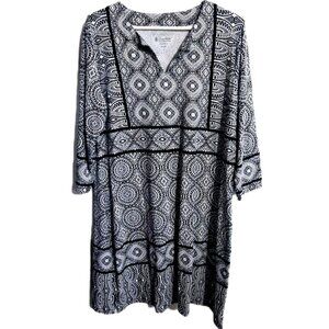 Coolibar Women's L Black White Medallion Print Dress UPF 50+ Long Sleeve FLAW